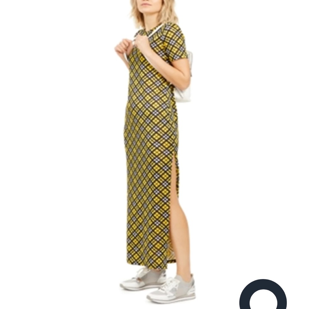MICHAEL Michael Kors | Yellow & Black Plaid Side-Slit Crewneck Maxi Dress